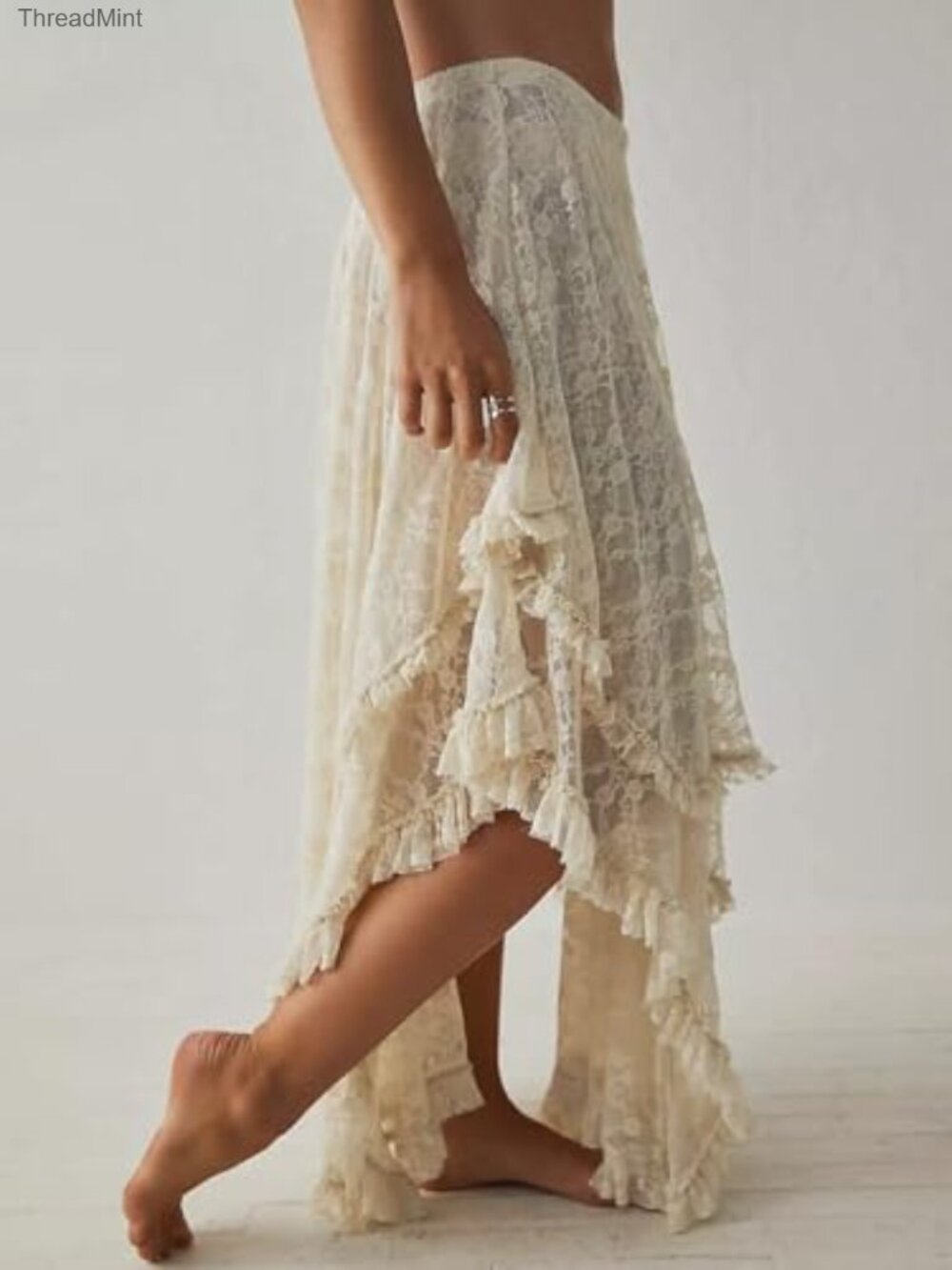 Lace Asymmetrical Layered Hem See-Through Flowy Maxi Skirt - Picture 4 of 6
